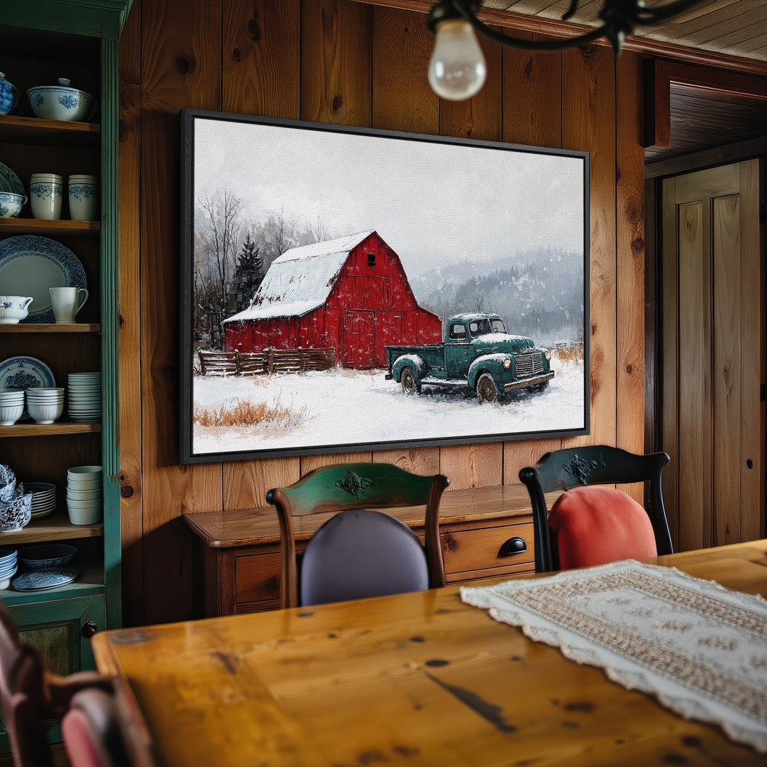 Framed Wall Art: Rustic winter scene with red barn and green truck. Snowy landscape in a warm, inviting interior. Neutral and earthy color palette.