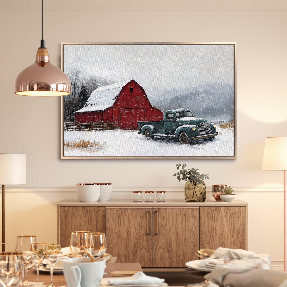 Framed Wall Art: Rustic winter scene with red barn and vintage truck in snow. Warm, inviting color palette perfect for farmhouse decor.