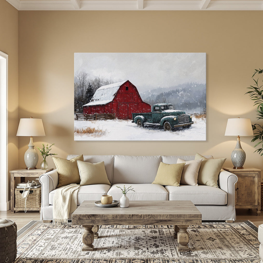 Framed Wall Art: Rustic winter scene Canvas Print with red barn, green truck, and snowy landscape. Warm, inviting color palette.