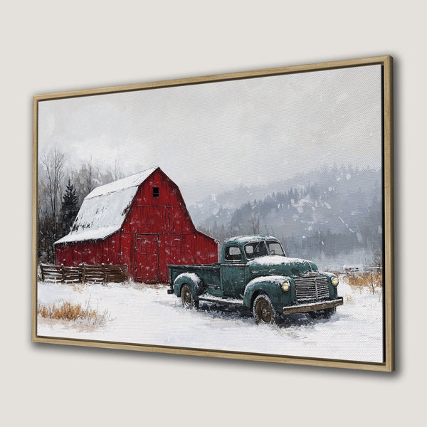 Framed Wall Art: Rustic winter scene with red barn and vintage truck. Cozy farmhouse style with muted blues, greens, and reds. Perfect for adding warmth to any space.