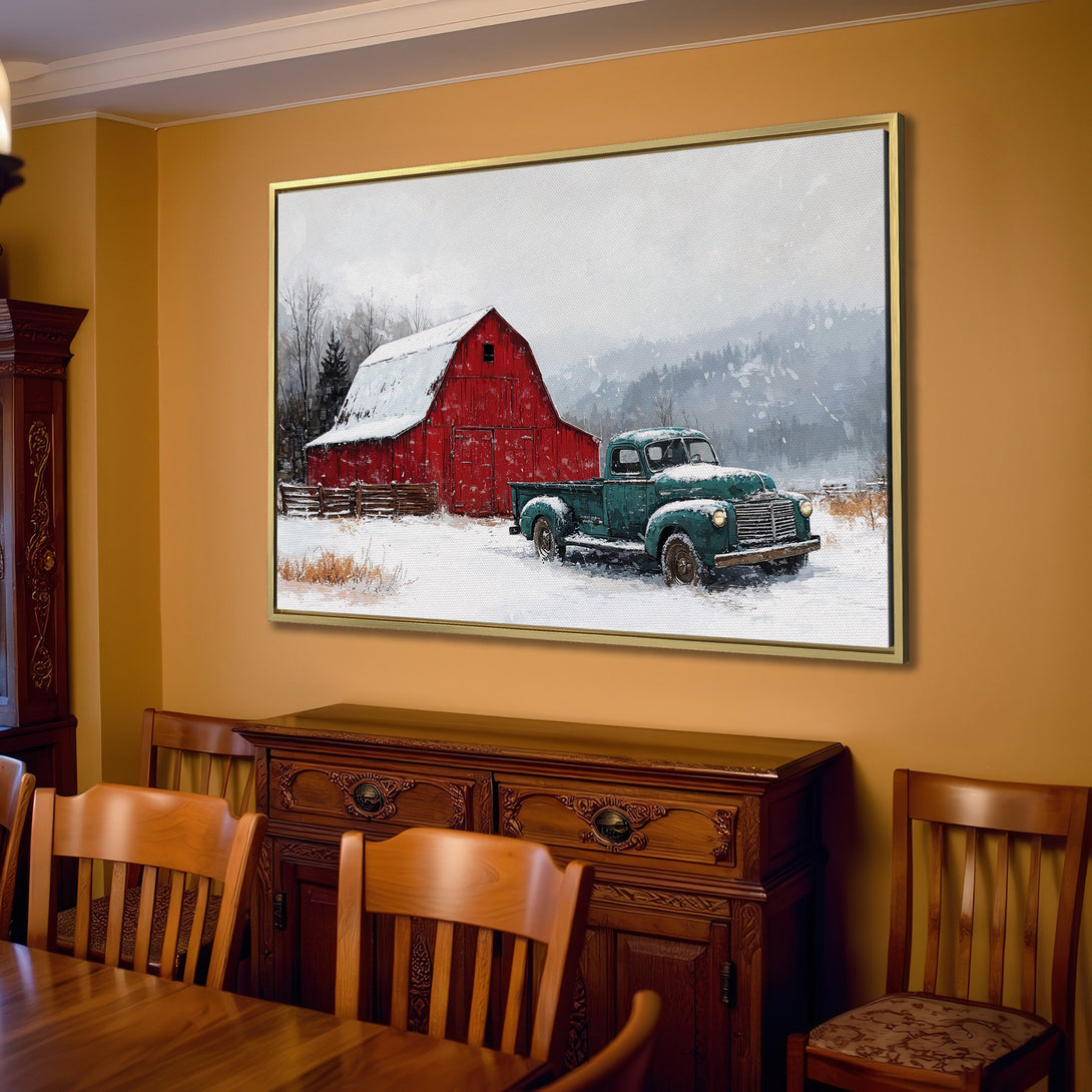 Canvas Print of a red barn and vintage truck in a snowy landscape. Rustic style, featuring a warm, neutral color palette.