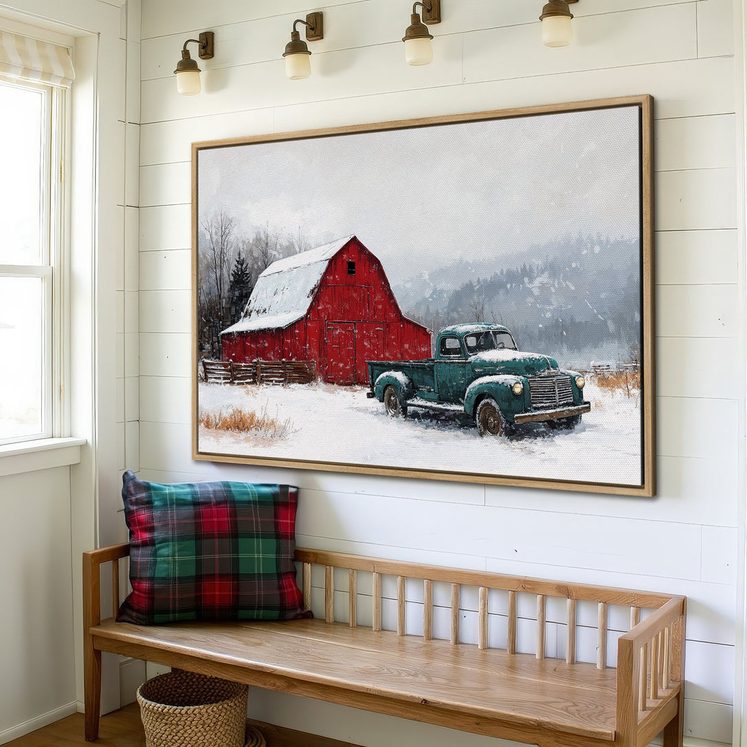 Framed Wall Art: Winter scene with red barn & vintage truck. Rustic style, snowy landscape in muted blues, greens, and red. Perfect farmhouse decor.