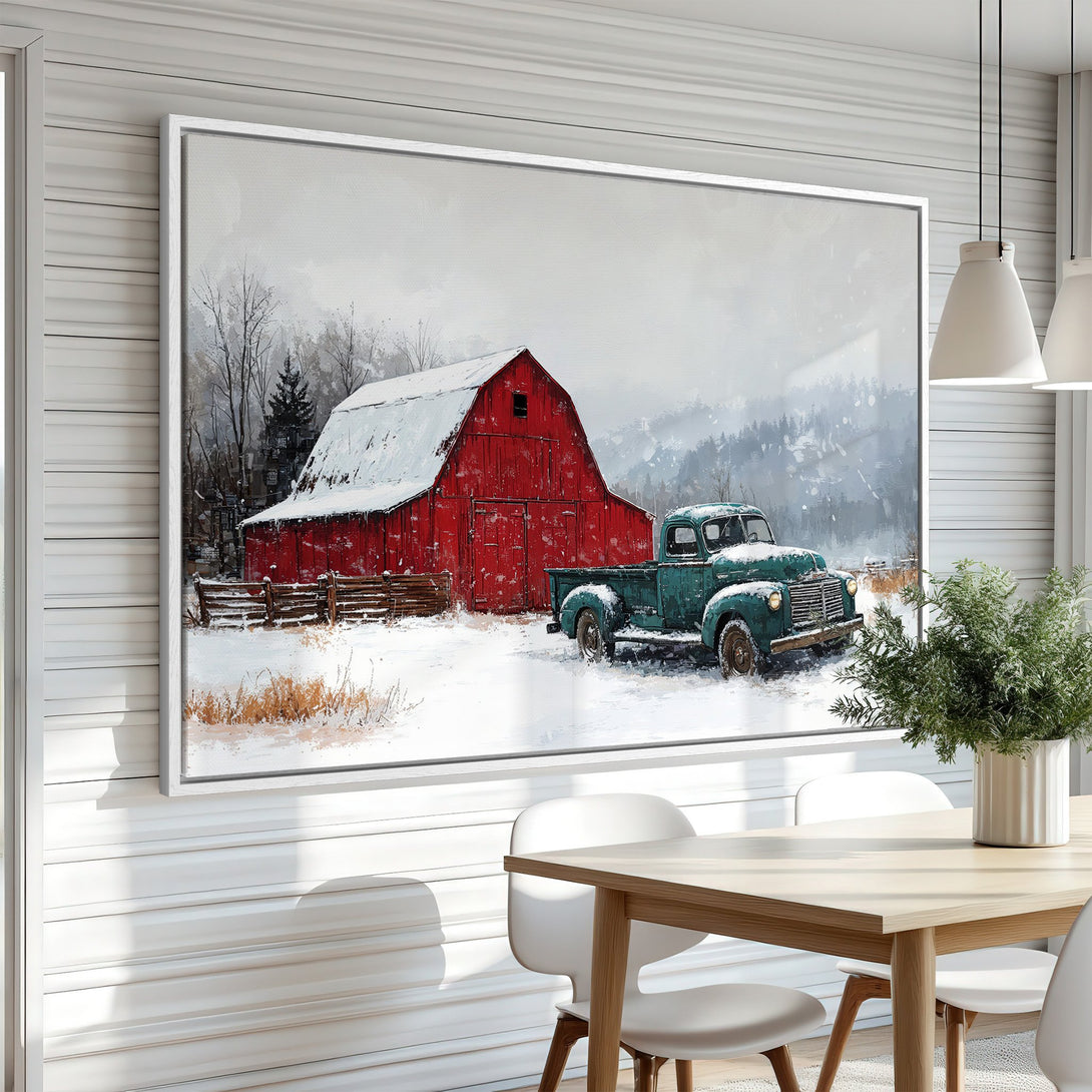 Framed Wall Art: Winter scene with red barn, teal truck, and snowy landscape. Rustic style, cool color palette. Perfect for farmhouse decor.