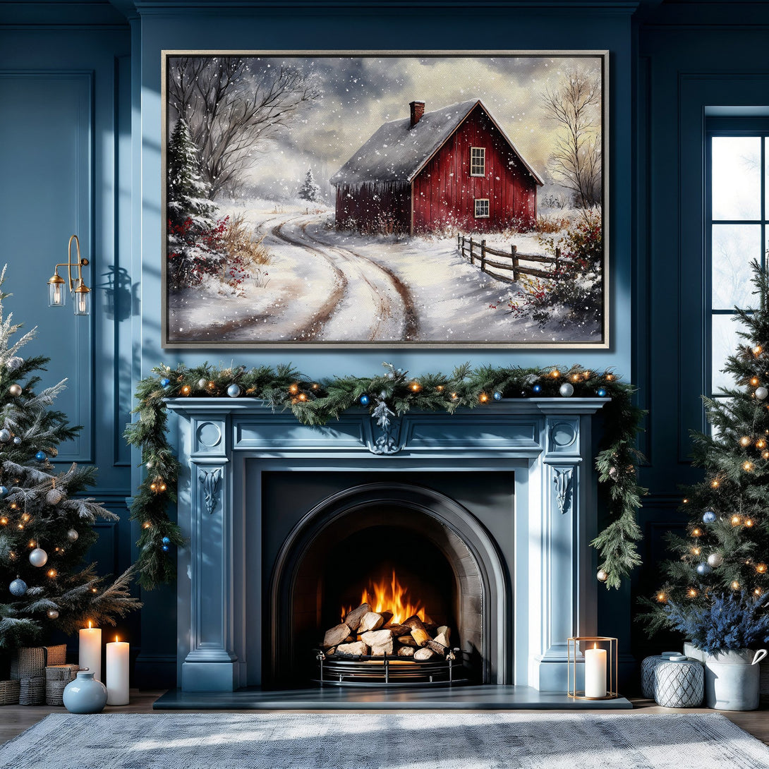 Framed Wall Art: Cozy winter scene with a red barn in a snowy landscape. Rustic style, warm red and cool blue color palette. Perfect for holiday decor.