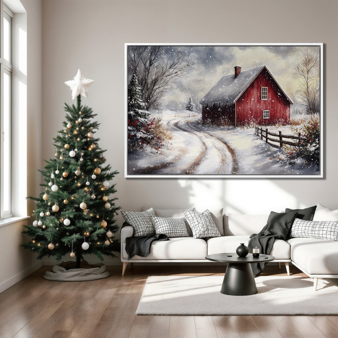 Framed Wall Art: Winter barn scene in watercolor style with red barn, snowy landscape. Neutral color palette. Perfect for cozy home decor.