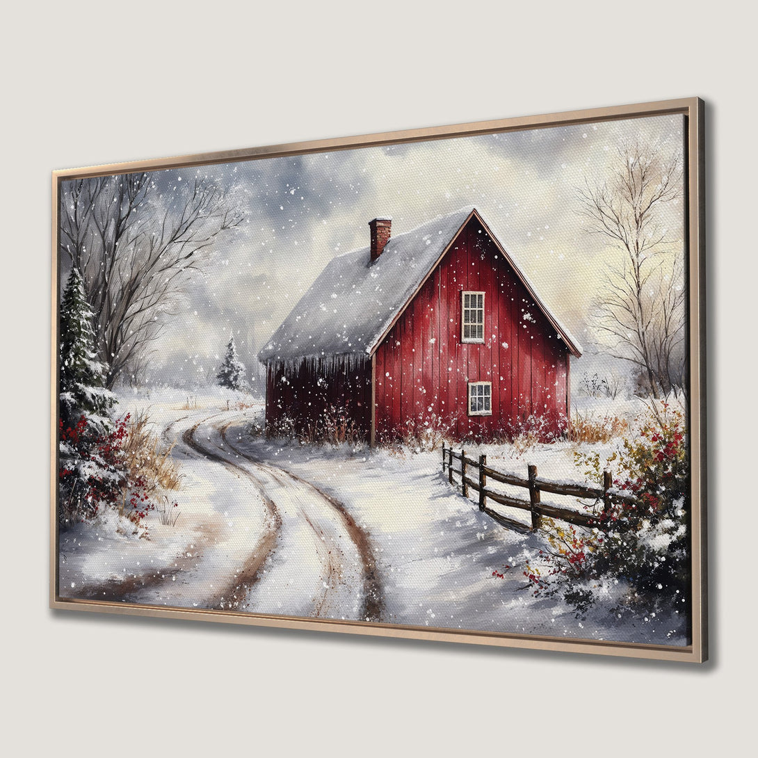 Framed Wall Art: Cozy winter scene with a red barn in a snowy landscape. Rustic art with a warm, inviting color palette. Perfect for home decor.