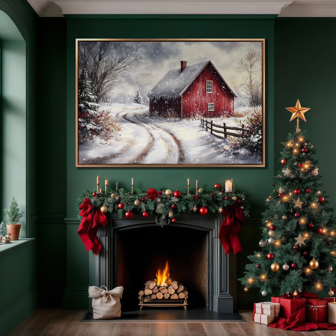 Framed Wall Art of a winter barn scene in a cozy interior. Rustic style with red, white, and green color palette, perfect for holiday decor.