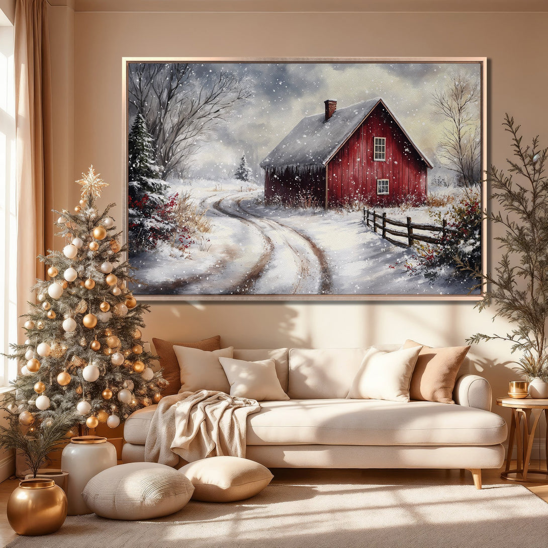 Framed Wall Art: Winter scene Canvas Print of a red barn in a snowy landscape. Warm, neutral color palette perfect for cozy home decor.