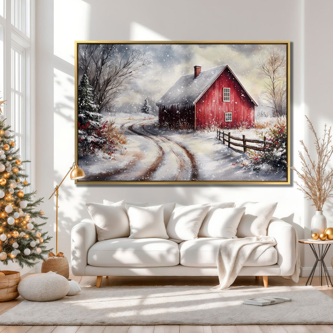 Canvas Print of a snowy winter scene with a red barn. Rustic style, neutral & red color palette. Perfect for cozy home decor.