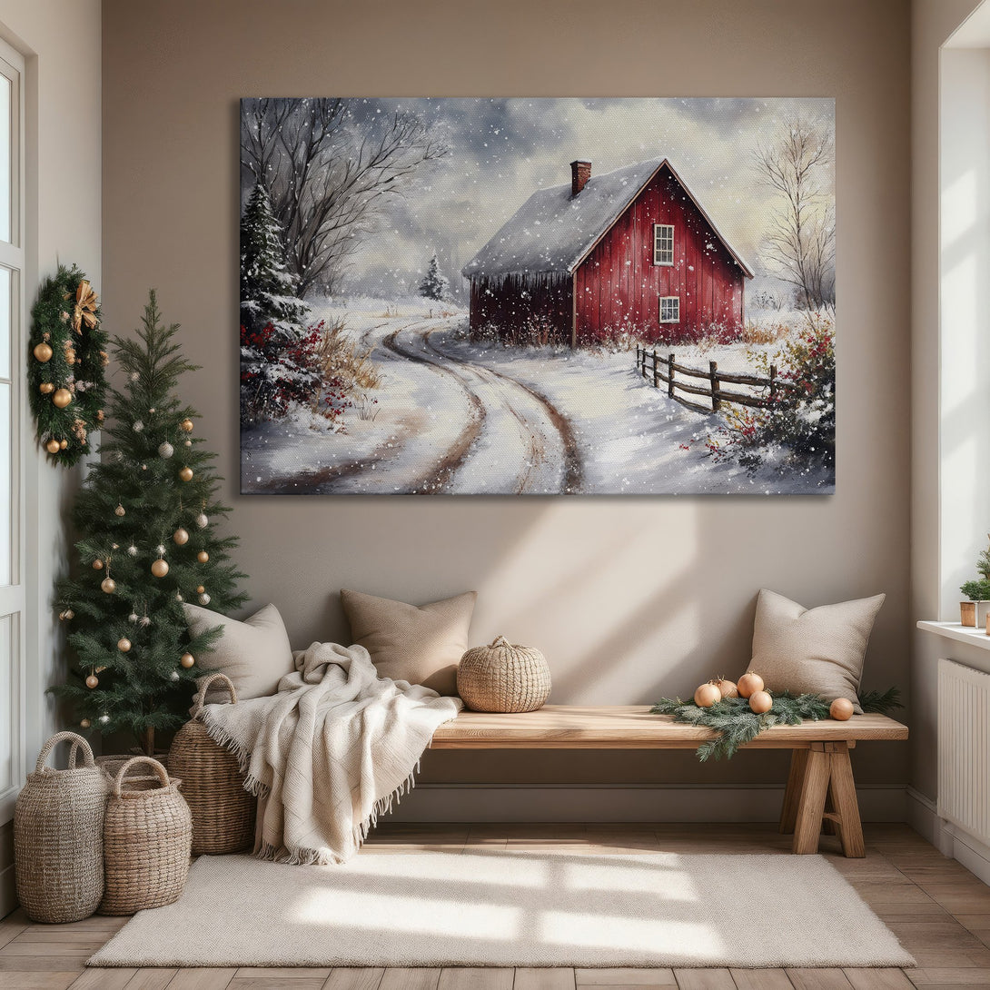 Framed Wall Art: Winter barn scene in watercolor style. Red barn in snowy landscape with neutral and cool color palette. Perfect for cozy decor.