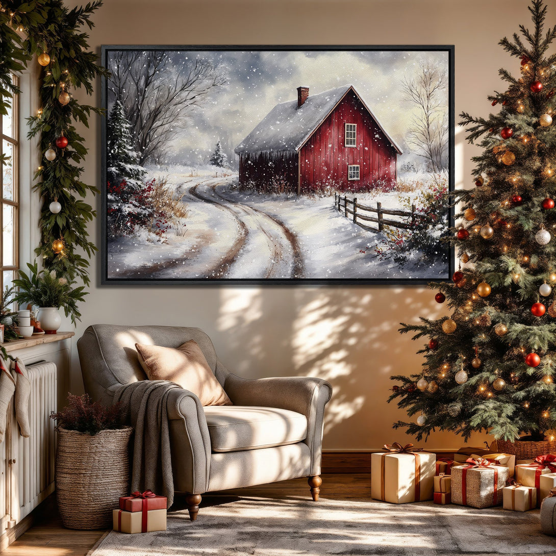 Framed Wall Art: Winter landscape Canvas Print with a red barn. Rustic style, snowy scene with neutral and red color palette, perfect for Christmas decor.