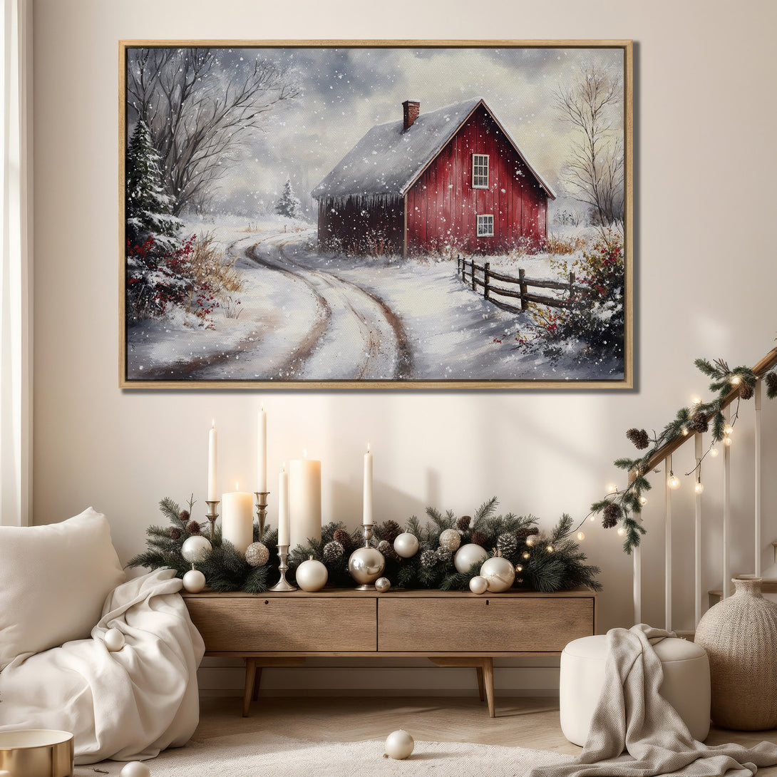 Framed Wall Art: Watercolor winter scene of a red barn in the snow. Rustic style, warm red and neutral color palette. Perfect for cozy home decor.