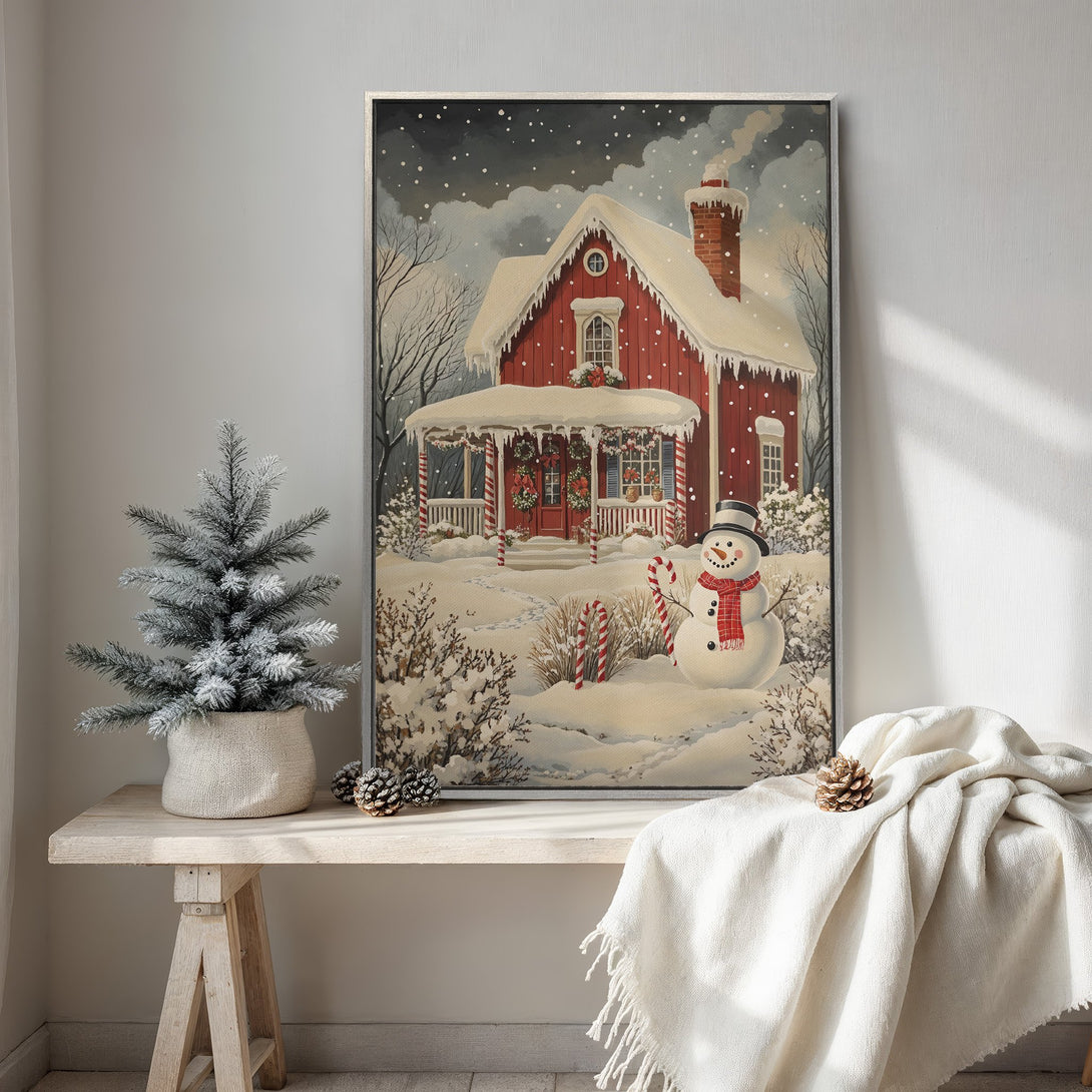 Framed Wall Art: Cozy winter scene Canvas Print of a red house in the snow, featuring a snowman. Warm, inviting color palette perfect for holiday decor.