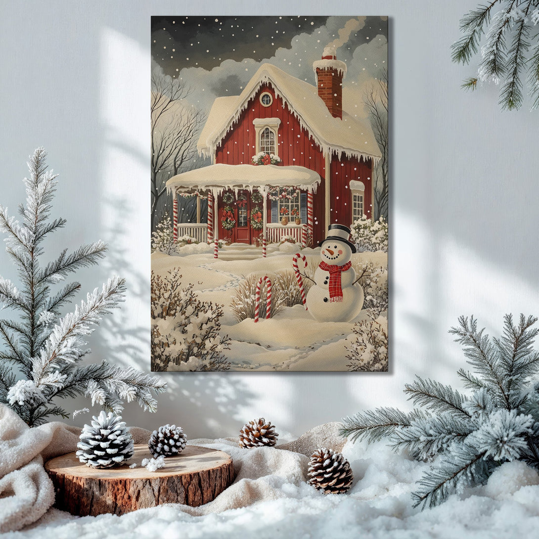 Framed Wall Art: Cozy winter scene Canvas Print with red house, snowman, and snowy landscape. Warm color palette, perfect holiday decor.