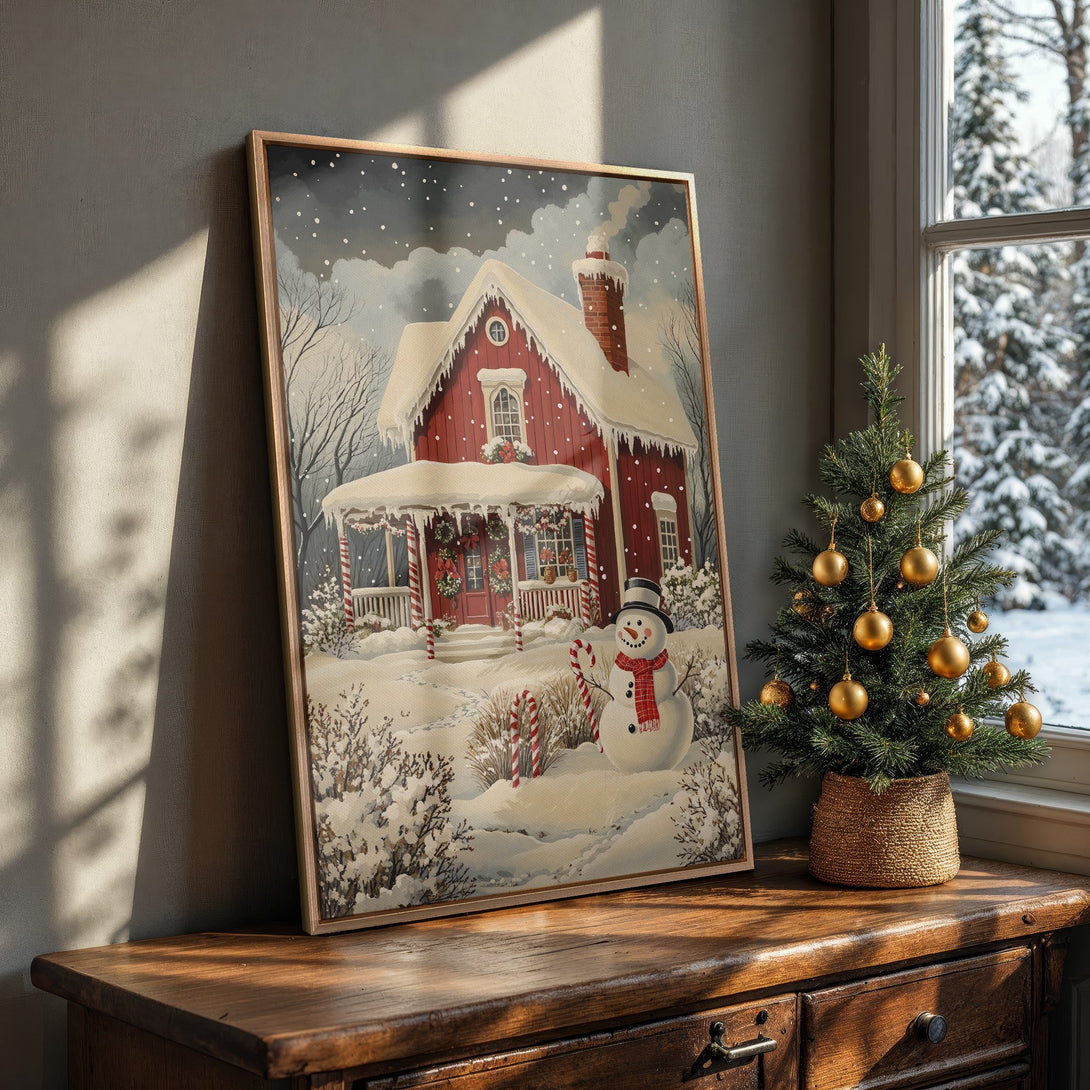 Framed Wall Art: Cozy winter scene with a red house, snowman, and snowy landscape. Warm, inviting color palette perfect for holiday decor.