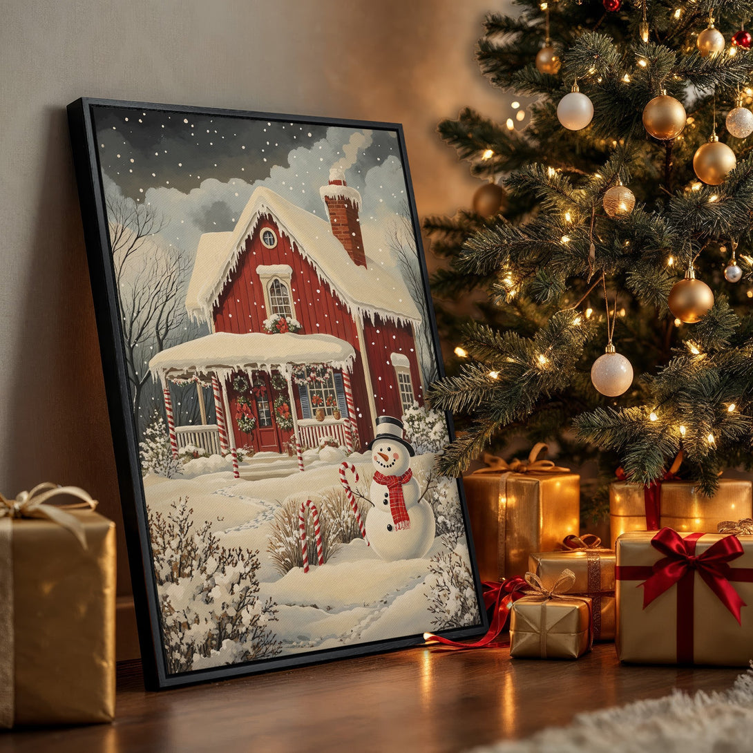 Framed Wall Art: Winter scene with a red house and snowman. Warm, inviting color palette. Perfect for holiday decor.