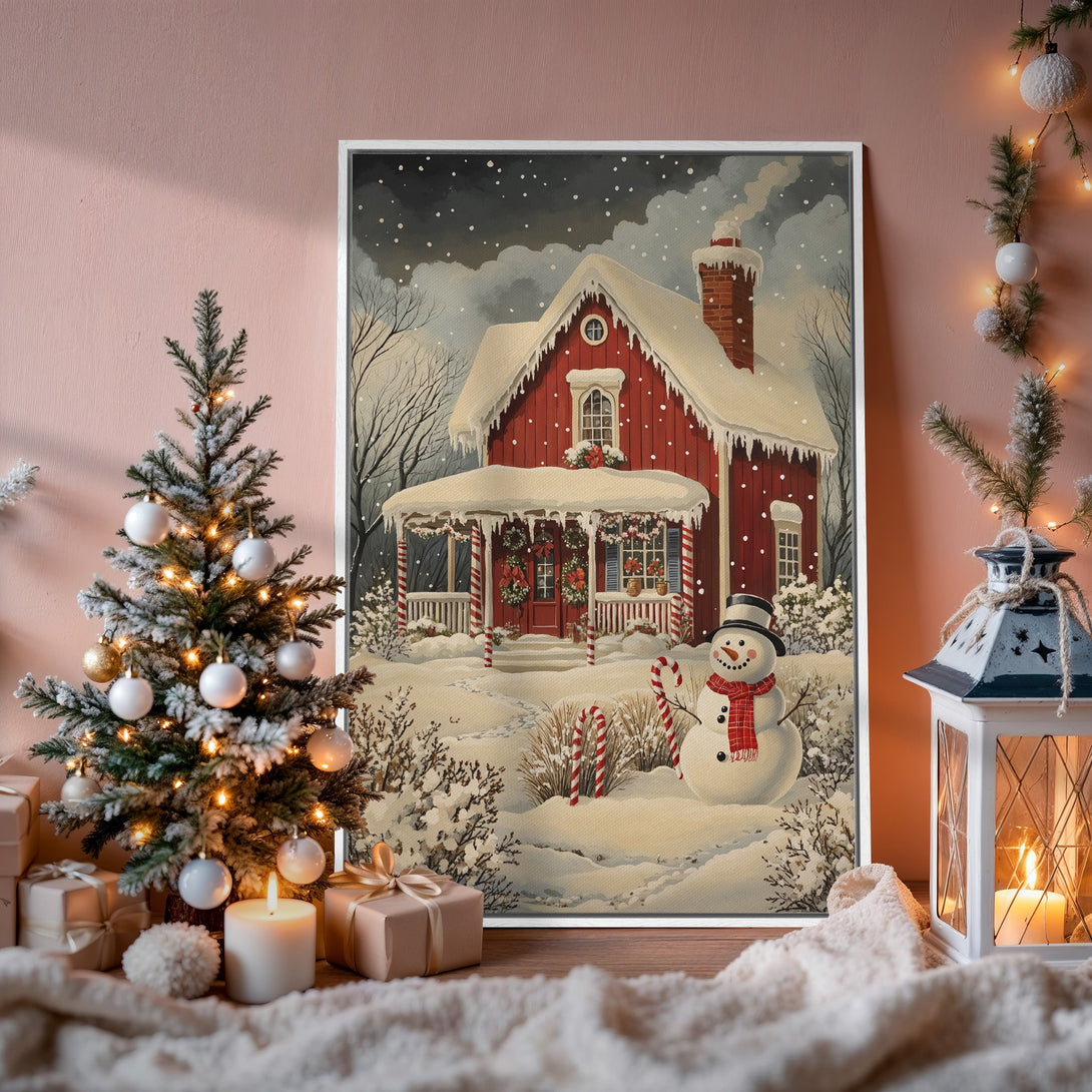 Framed Wall Art: Cozy winter scene Canvas Print with a red house, snowman, and snowy landscape. Warm, inviting color palette perfect for holiday decor.