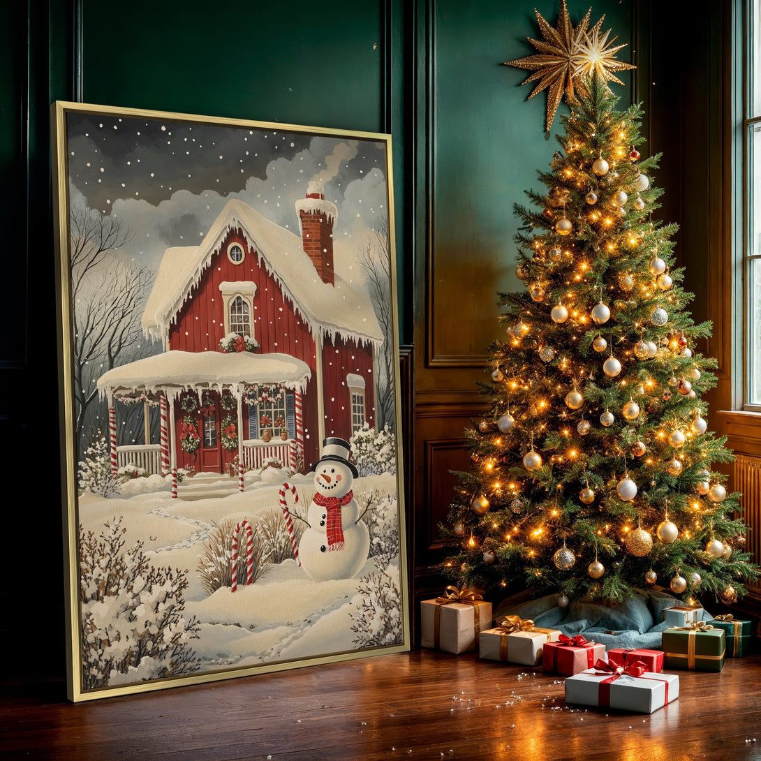 Canvas Print of a cozy winter scene with a red house and snowman. Warm, inviting colors. Perfect holiday wall art.