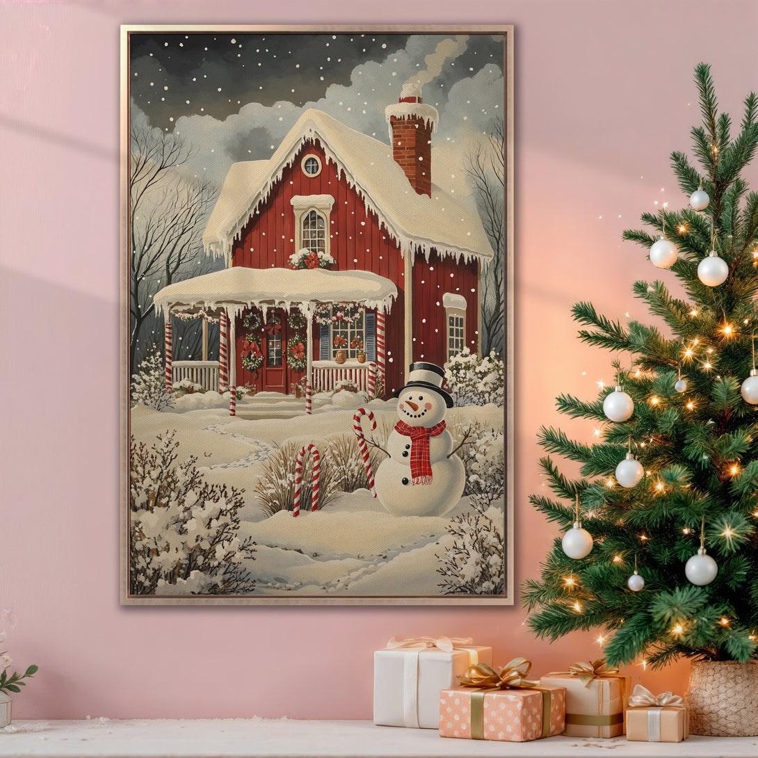 Framed Wall Art featuring a cozy winter scene with a red house, snowman, and snowy landscape. Warm, inviting color palette perfect for holiday decor.