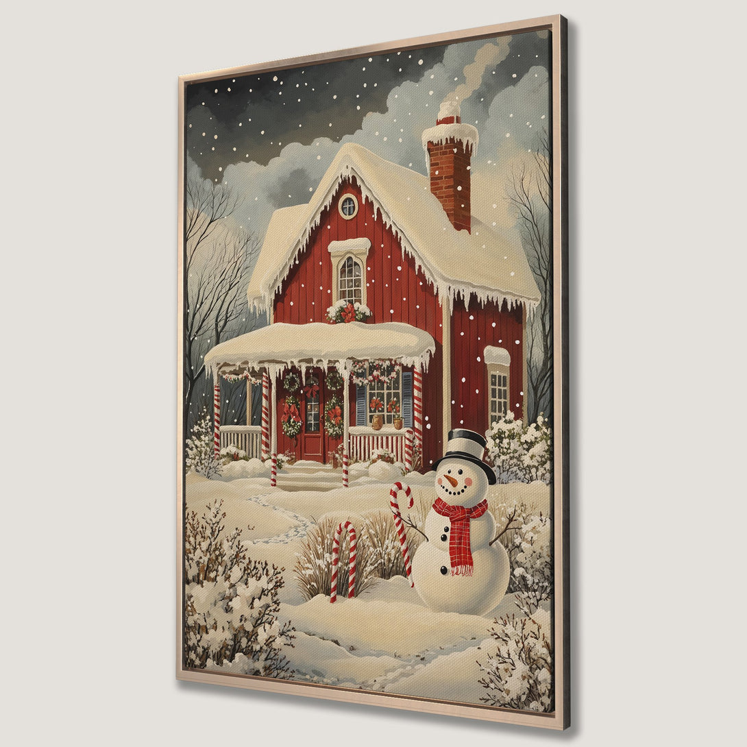 Framed Wall Art: Cozy winter scene with a red house, snowman, and snow. Warm, inviting color palette. Perfect holiday decor for your home.