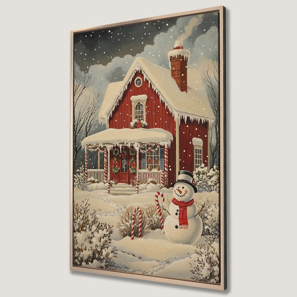 Framed Wall Art: Cozy winter scene with a red house, snowman, and snow. Warm, inviting color palette. Perfect holiday decor for your home.