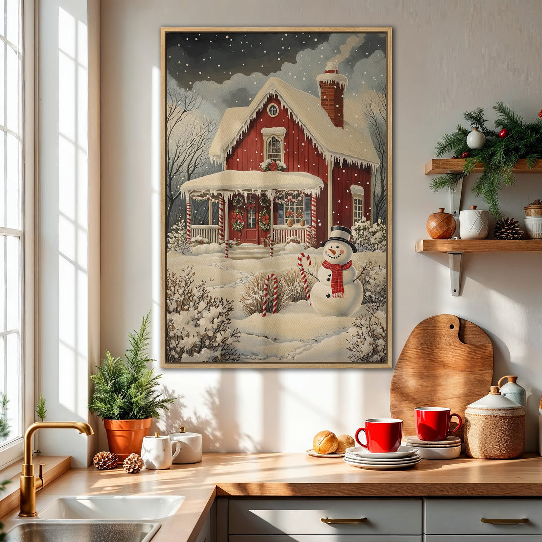 Framed Wall Art: Cozy winter scene with a red house and snowman. Charming, snowy landscape in neutral and red tones. Perfect holiday decor.