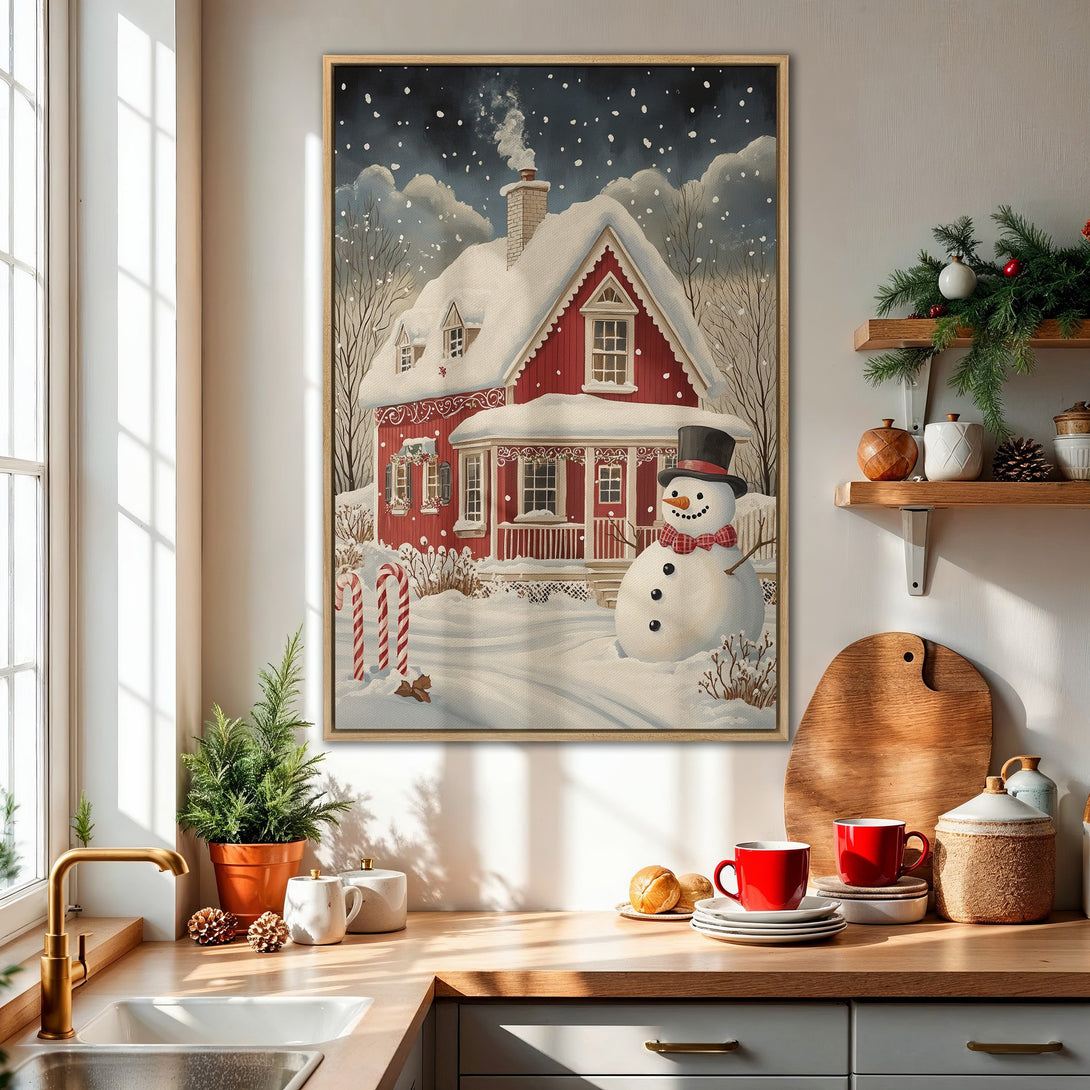 Framed Wall Art: Cozy winter scene with a red house and snowman. Warm color palette, perfect for holiday decor. Add charm to your home with this canvas print!