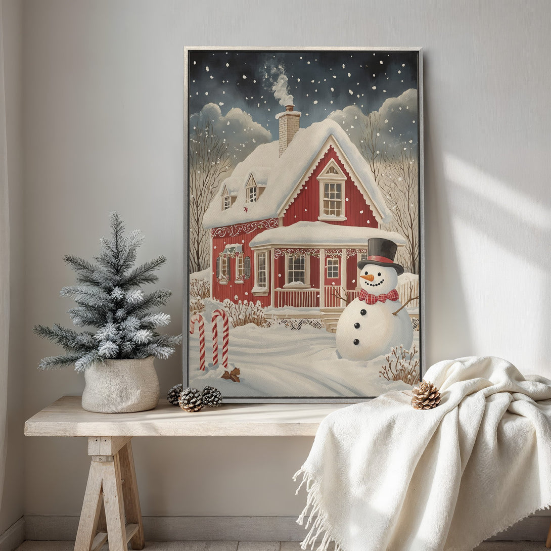Framed Wall Art: Winter scene with red house & snowman. Cozy, vintage style with a snowy, blue & red color palette. Perfect holiday decor!