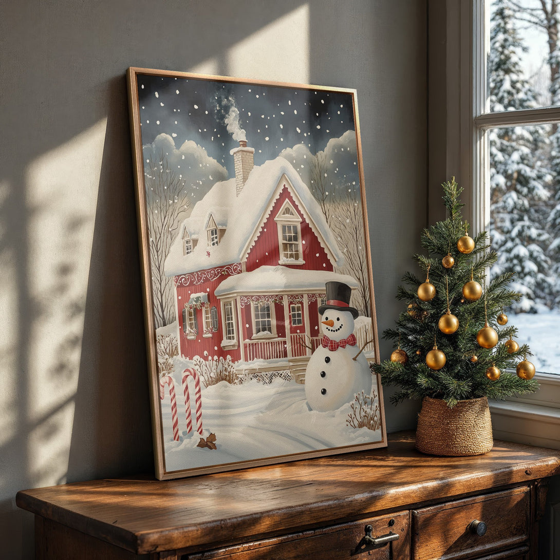 Framed Wall Art featuring a charming winter scene with a red house and snowman, in a cozy, whimsical style with a warm, neutral color palette. Perfect holiday decor!