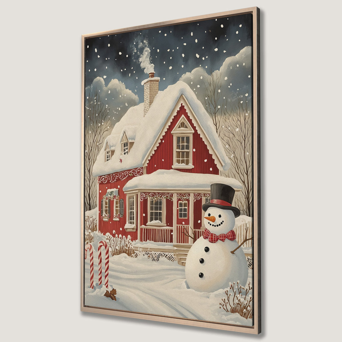 Framed Wall Art: Winter scene with a red house, snowman, and falling snow. Cozy, festive art in a warm color palette. Perfect holiday decor!