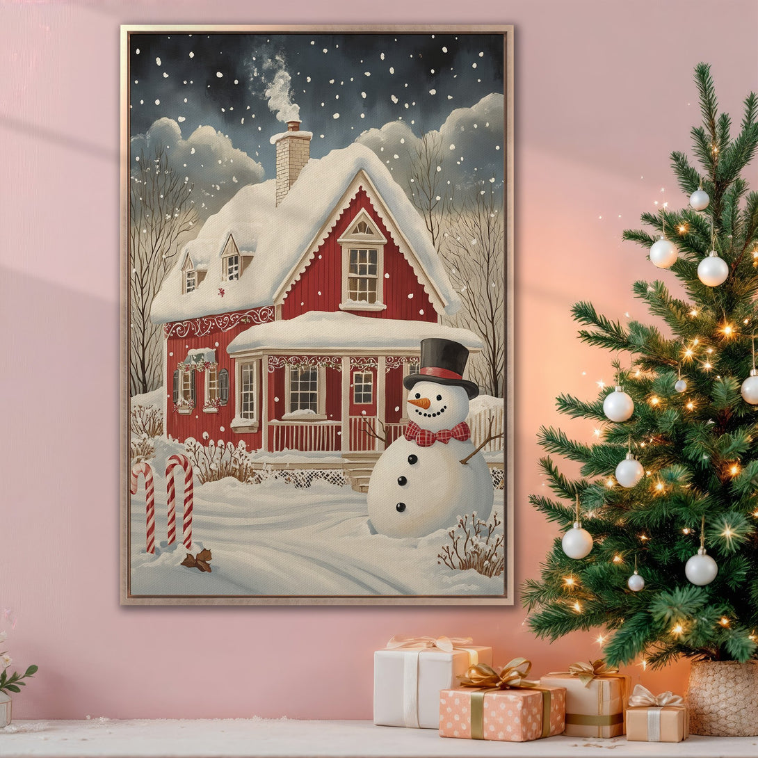 Framed Wall Art: Winter scene with a red house and snowman. Cozy, vintage style with a red, white, and blue color palette. Perfect holiday decor!