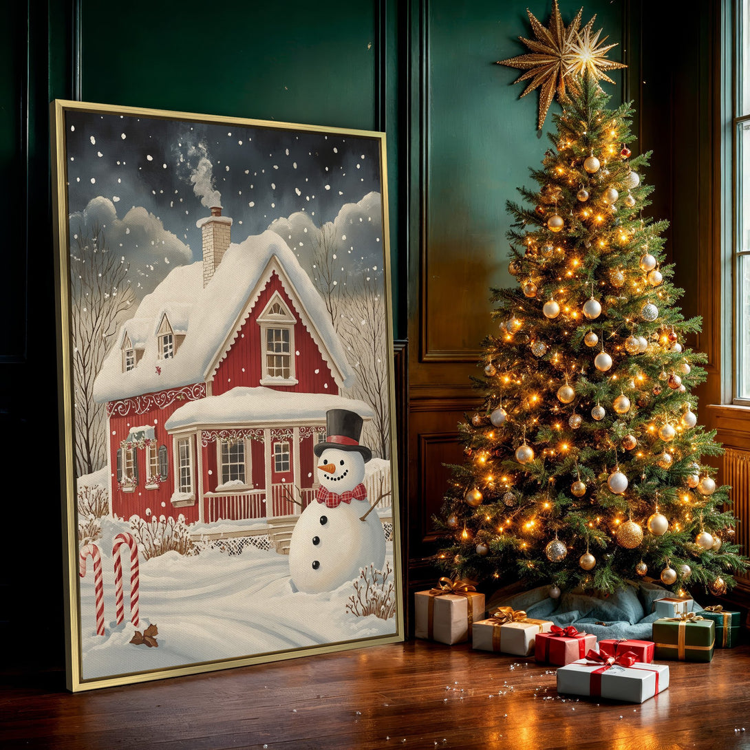 Cozy winter Canvas Print featuring a red house and snowman, painted in a charming, whimsical style with a snowy, cool color palette. Perfect holiday wall decor!