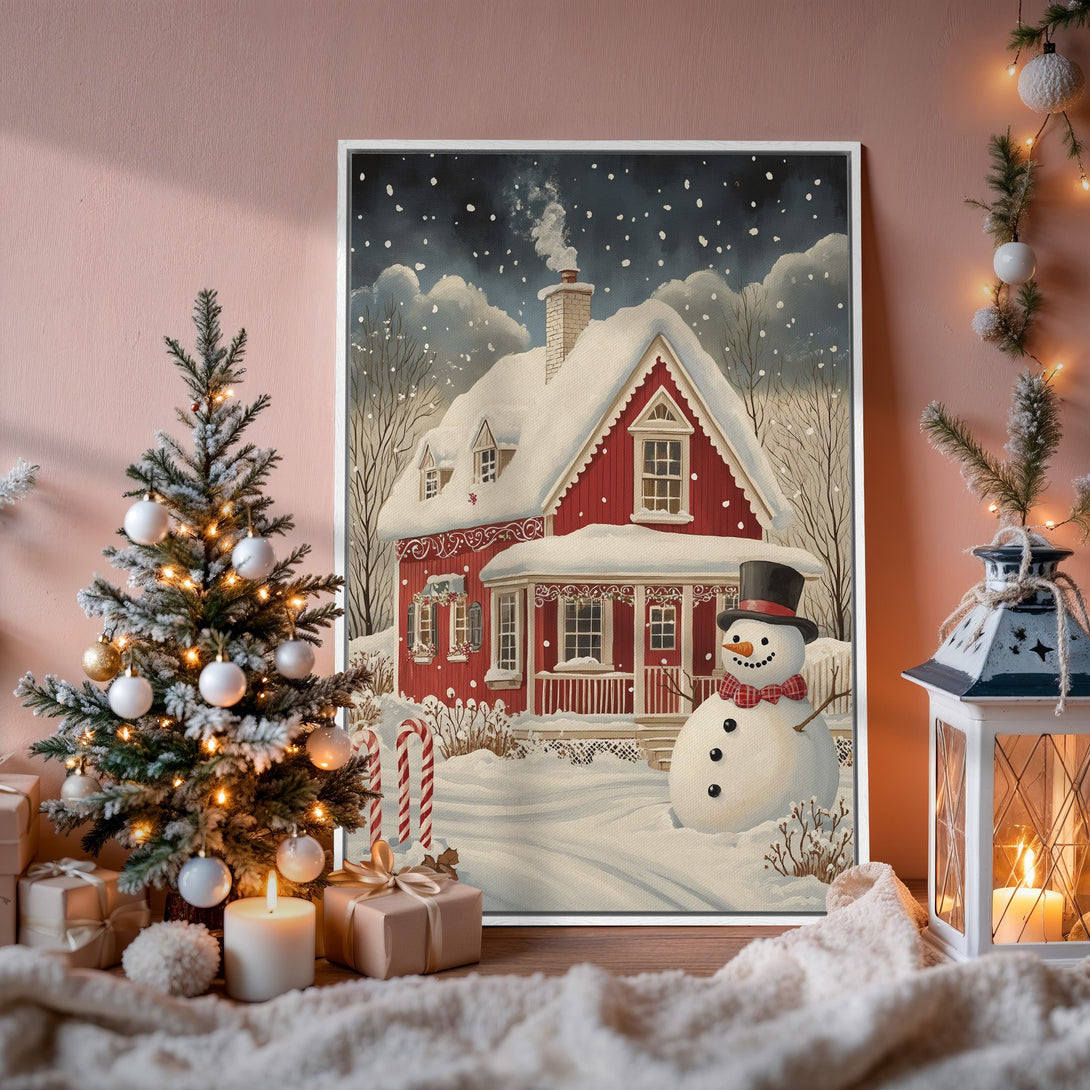Framed Wall Art of a cozy winter scene with a red house and snowman. Warm color palette, perfect for Christmas decor.
