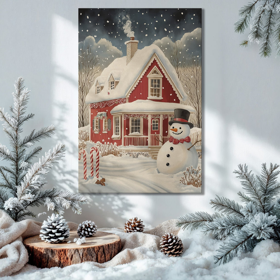 Framed Wall Art: Cozy winter scene Canvas Print with red house and snowman. Warm color palette, perfect for holiday decor. Shop now!