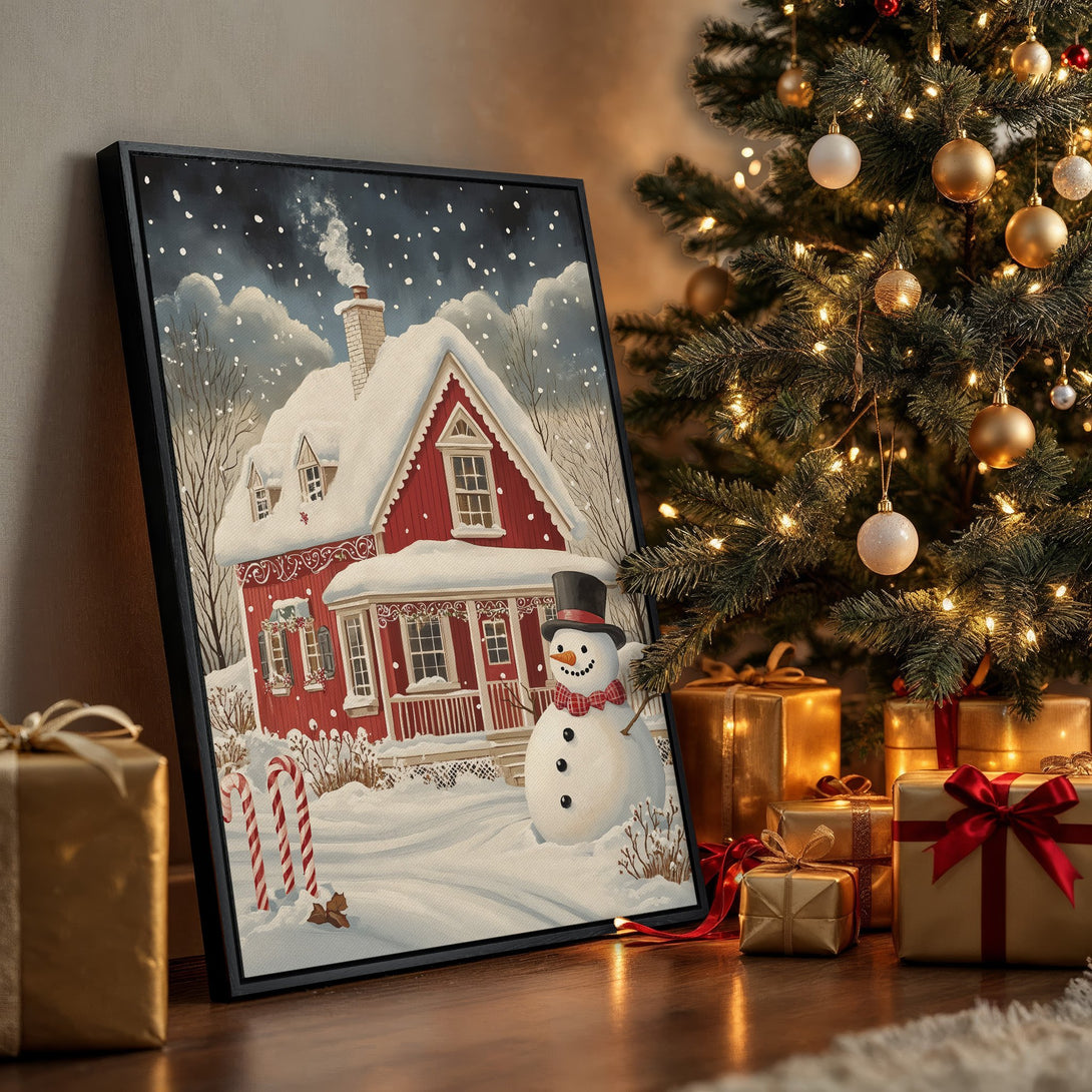 Framed Wall Art: Cozy winter scene of a red house & snowman, snowy landscape. Warm, inviting color palette. Perfect holiday decor.