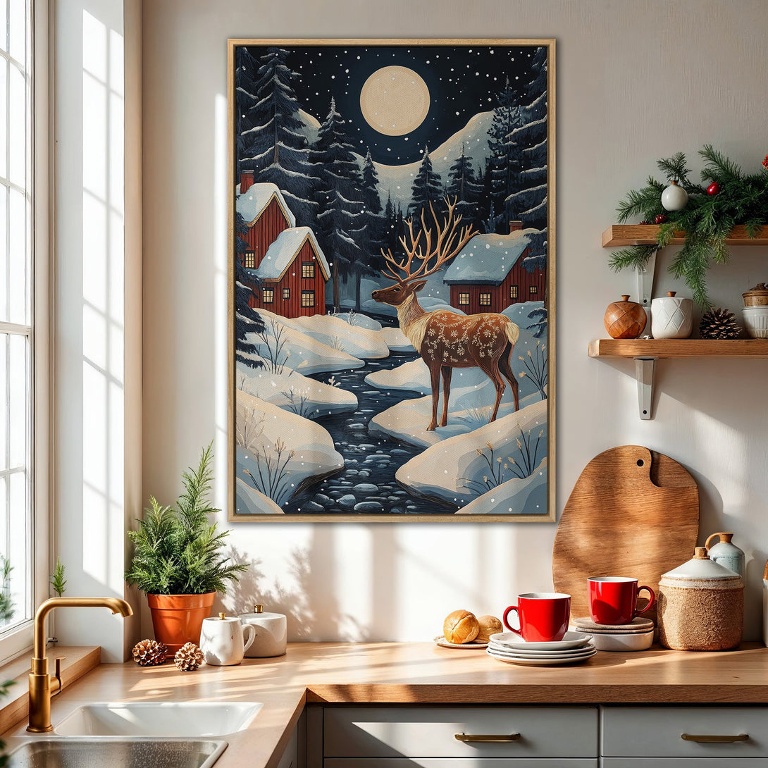 Framed Wall Art: Winter scene with a majestic deer, snowy landscape, and cozy cabins. Featuring a blue, white, and red color palette. Perfect for holiday decor!