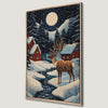 Winter Reindeer Scene Canvas Print with Snowy Cabins