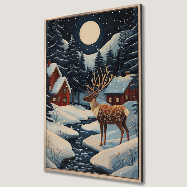 Framed Wall Art: Winter landscape with a deer, snowy cabins, and full moon. Rustic style with a blue, brown, and white color palette. Perfect for cozy decor.