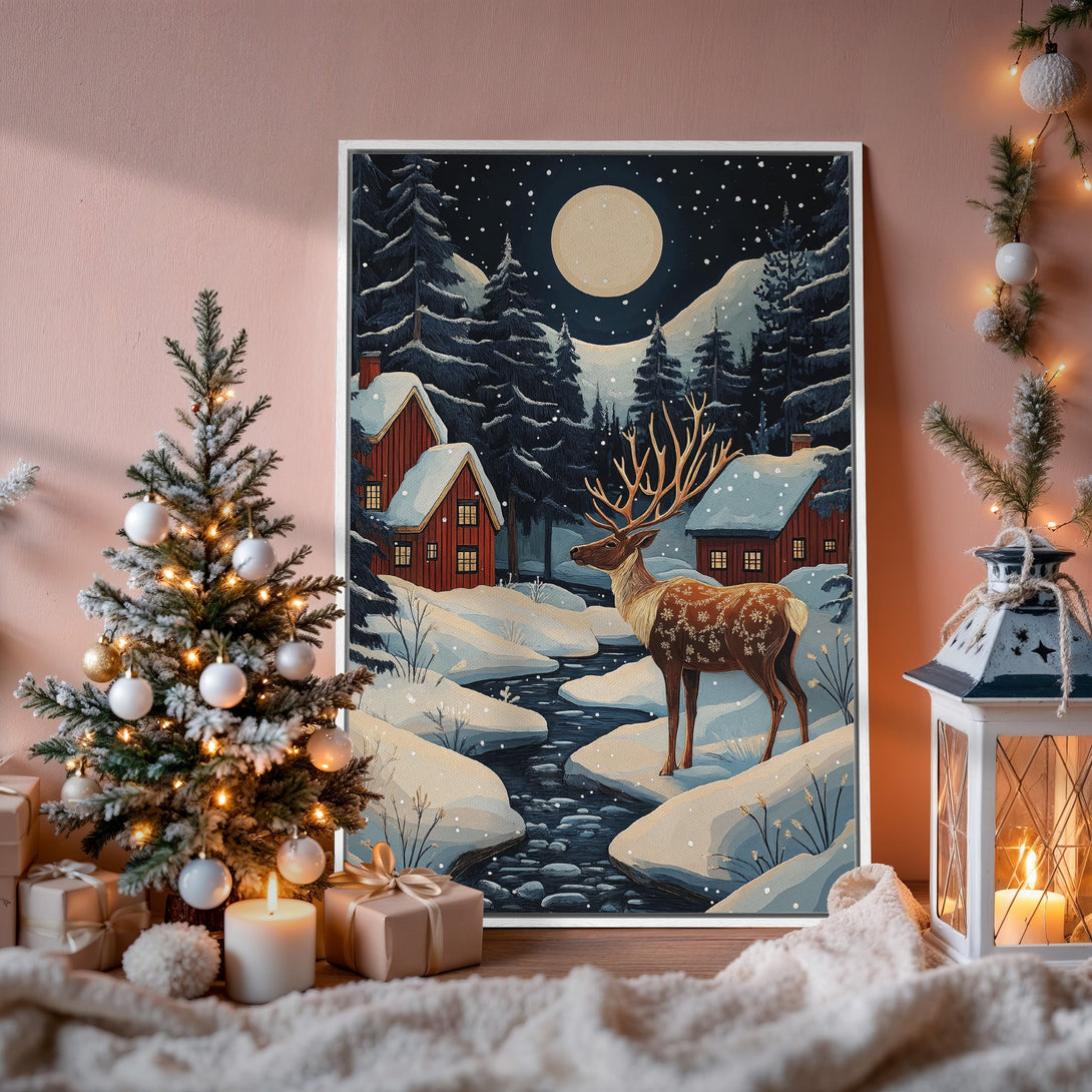 Framed Wall Art: Winter landscape with deer, cozy cabin, and snowy forest. Blue, white, and brown tones. Perfect for Christmas decor!