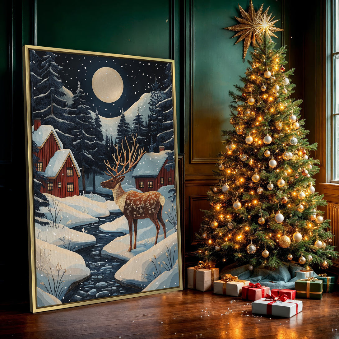 Canvas Print: Winter scene with deer, cabins, and moon. Cozy, illustrated style with blue, brown, and white color palette. Perfect for holiday decor.