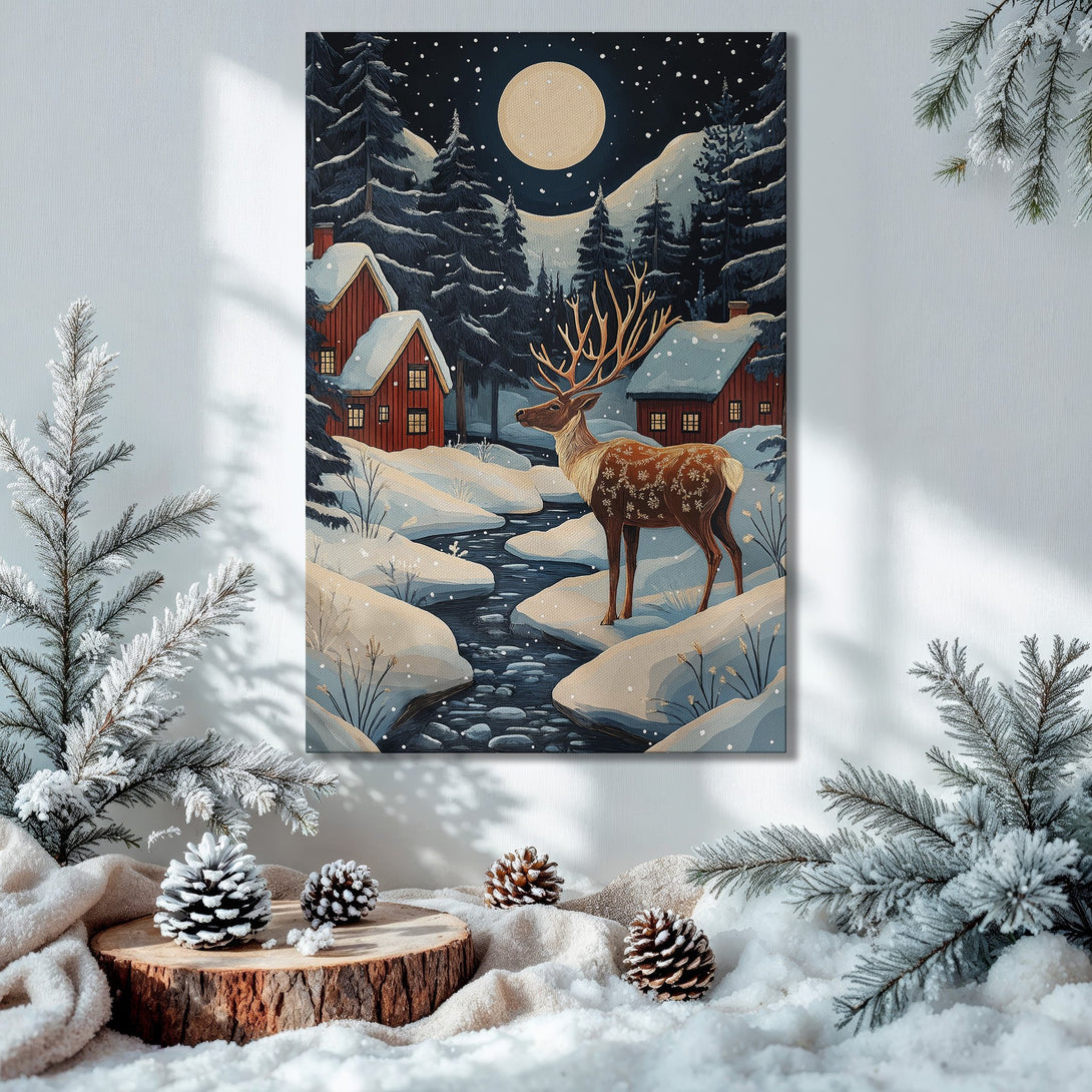 Framed Wall Art: Winter scene Canvas Print with deer, snowy landscape, and red cabins. Cozy, warm tones perfect for holiday decor.