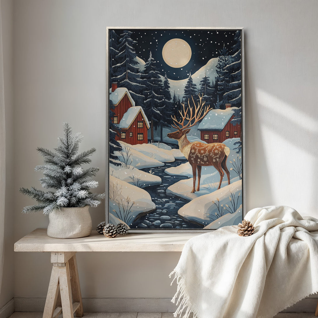 Framed Wall Art: Winter landscape with a deer, houses, and snow, in a charming, illustrative style with a cool, muted color palette. Perfect for cozy decor.