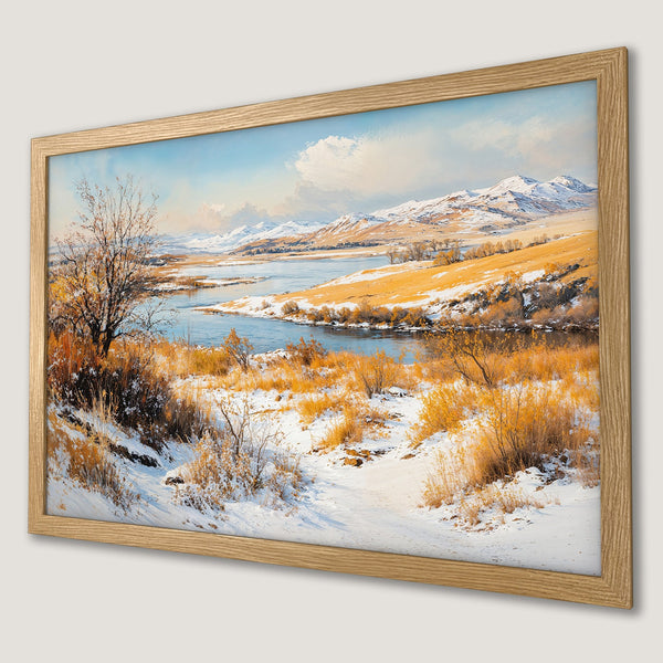 Framed Poster of a serene winter landscape painting with a warm color palette of gold, blue, and white. Perfect wall art.