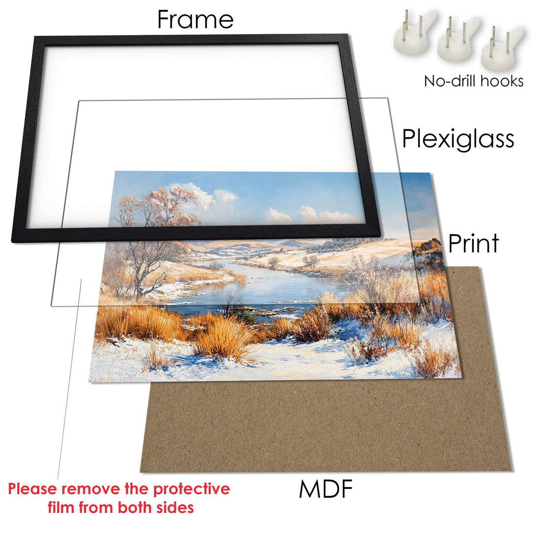 Framed Poster of a winter landscape in a serene style with blue, white, and brown tones. Perfect wall art for a cozy home.