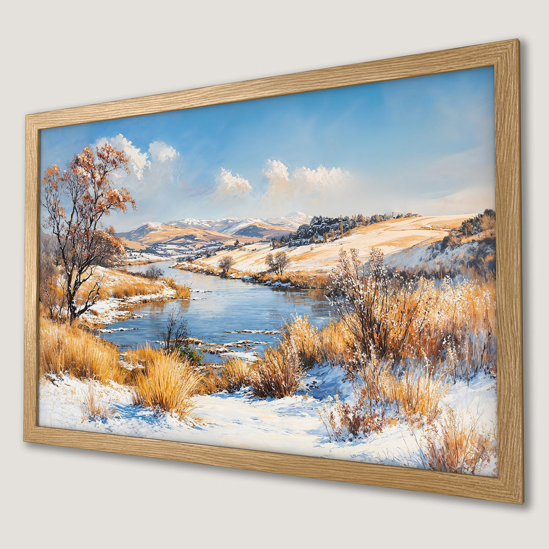 Framed Poster of a winter landscape painting in a warm color palette. Perfect wall art for your home.