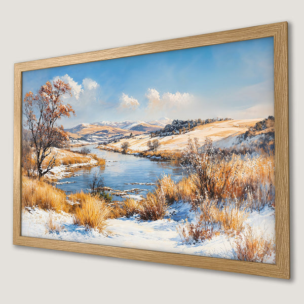 Framed Poster of a winter landscape painting in a warm color palette. Perfect wall art for your home.