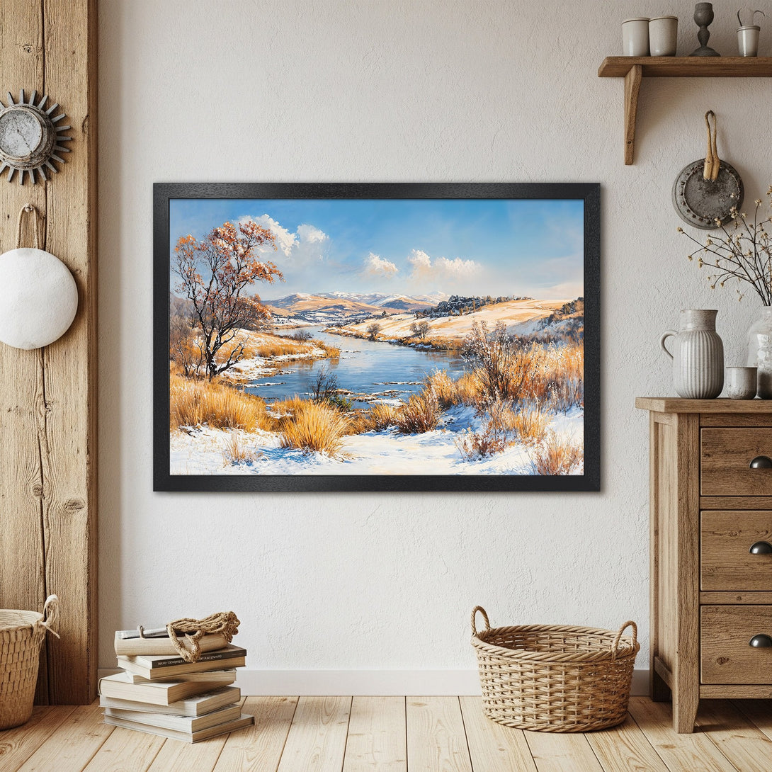 Framed Poster of a serene winter landscape painting. Featuring a blue, white, and gold color palette. Perfect wall art for your home!