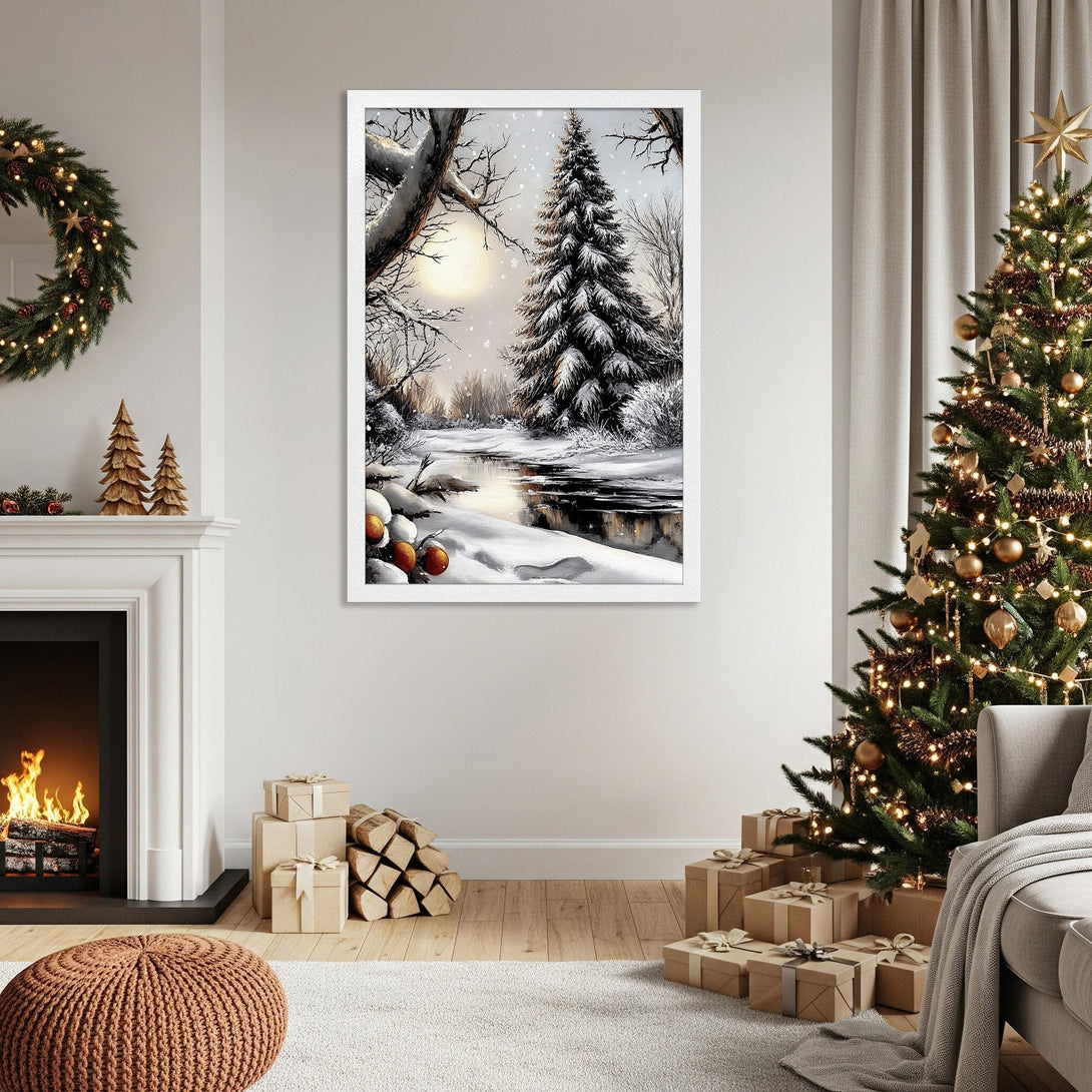 Framed Poster featuring a winter landscape scene with a snowy river, in a watercolor style, and a cool, neutral color palette.