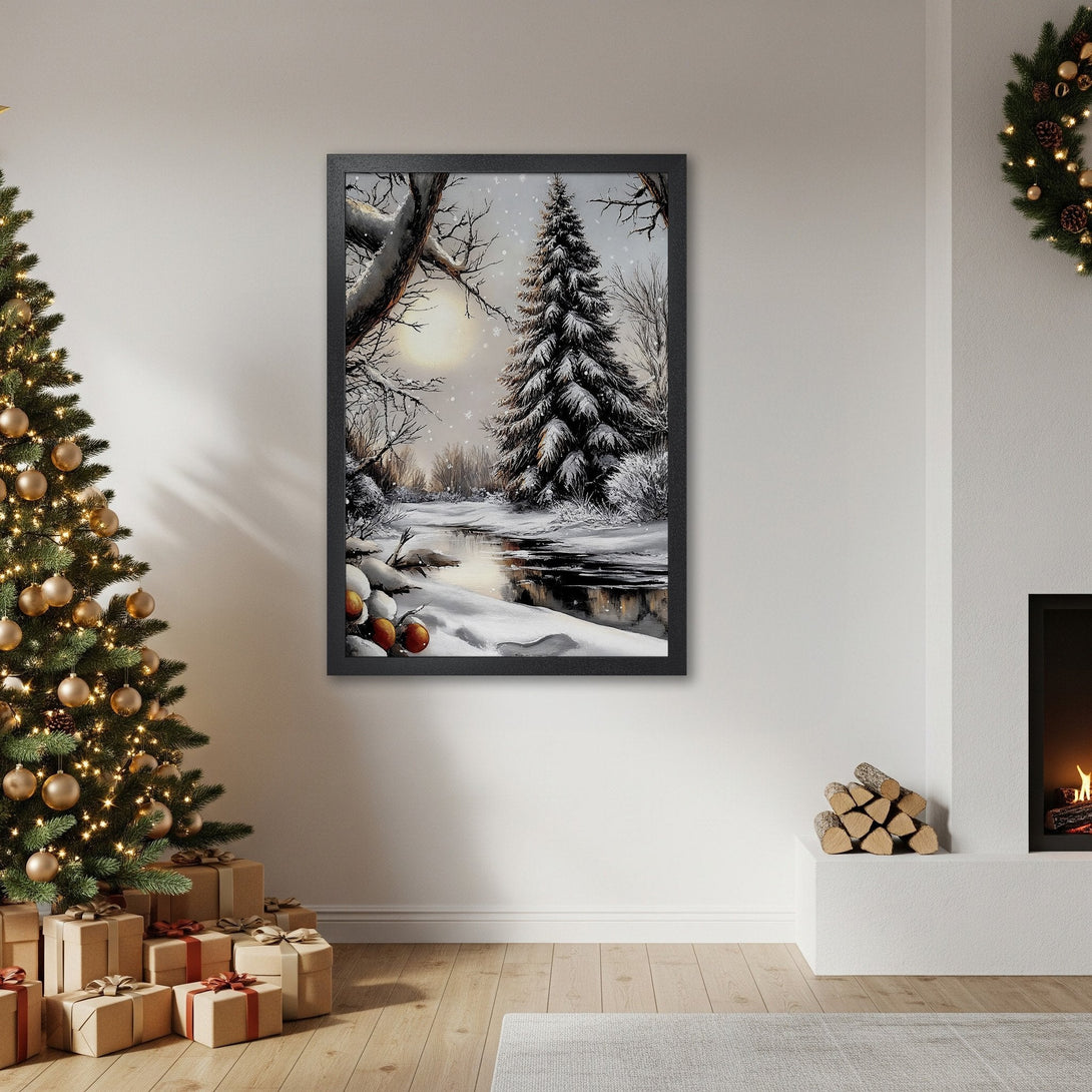 Framed Poster of winter landscape art in a black frame. Serene scene with snowy trees, river, and soft, neutral color palette. Perfect for holiday decor.
