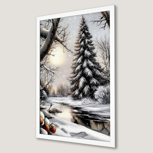 Framed Poster featuring a winter landscape with a snowy river, trees, and warm colors. Perfect for cozy decor.